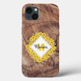 Rustikale Sonnenblumen und Holztextur Monogramm Case-Mate iPhone Hülle