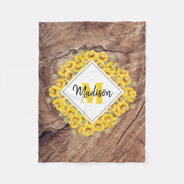 Rustikale Sonnenblumen und Holztextur Monogramm Fleecedecke (Vorderseite)