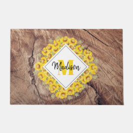 Rustikale Sonnenblumen und Holztextur Monogramm Fußmatte