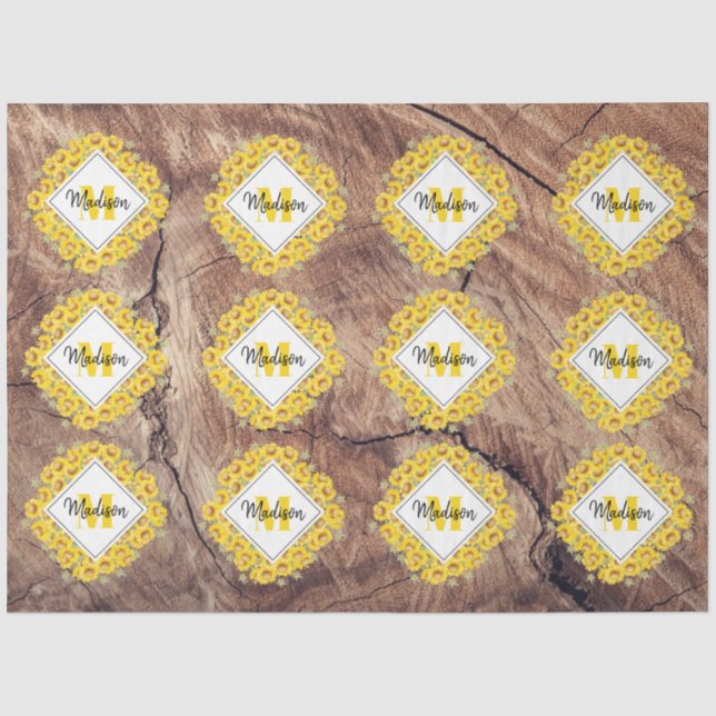 Rustikale Sonnenblumen und Holztextur Monogramm Seidenpapier (Vorderseite)