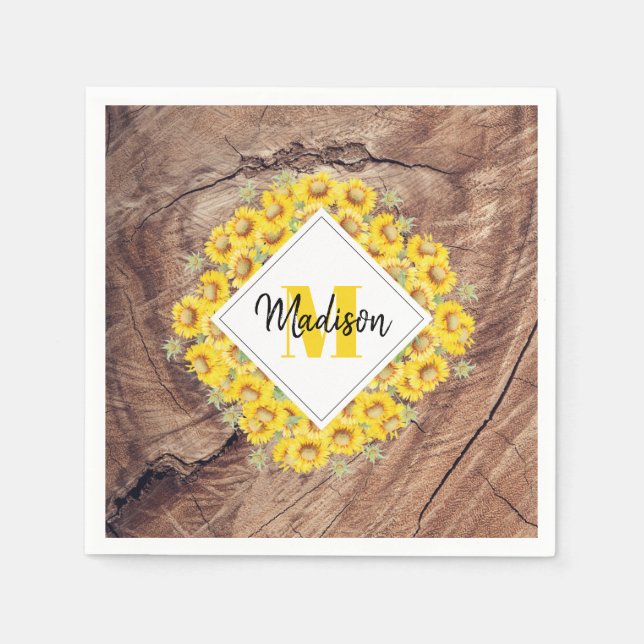 Rustikale Sonnenblumen und Holztextur Monogramm Serviette (Vorderseite)