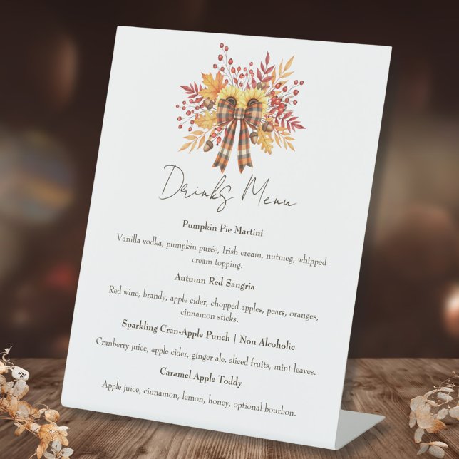 Rustikale Sonnenblumen und Karierte Erntedank Drin Sockelschild (Rustic Plaid Bow Thanksgiving Drinks Menu)