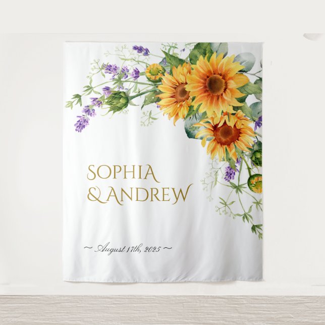 Rustikale Sonnenblumen und Lavendel-Hochzeitsband Wandteppich (Vorderseite)