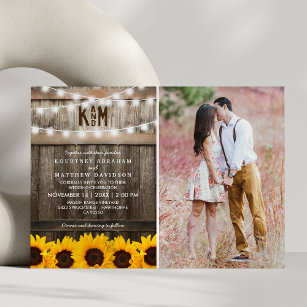 Rustikale Sonnenblumen und Lichter Foto Hochzeit Einladung