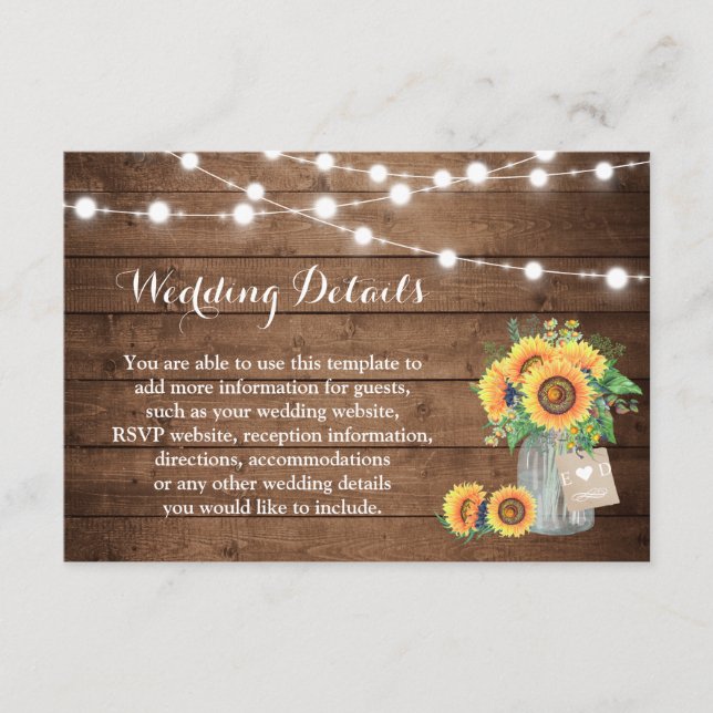 Rustikale Sonnenblumen und Lichter für Hochzeiten Begleitkarte (Vorderseite)