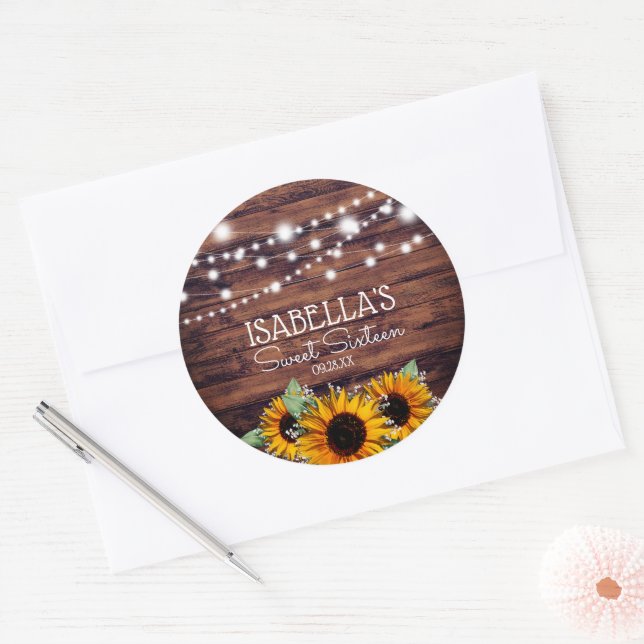 Rustikale Sonnenblumen und Lights Sweet 16 Danke Runder Aufkleber (Umschlag)