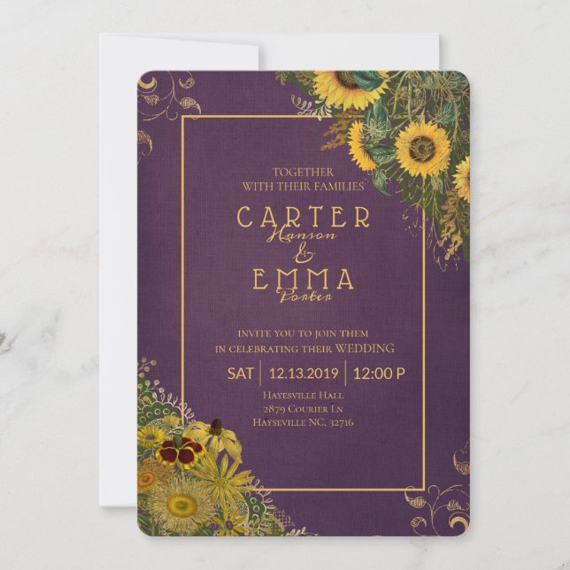 Rustikale Sonnenblumen und Lila Landhochzeit Einladung (Vorderseite)