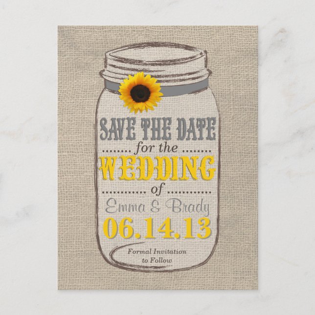 Rustikale Sonnenblumen und Mason Jar Save the Date Ankündigungspostkarte (Vorderseite)