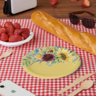 Rustikale Sonnenblumen und Rose Blumengelb Pappteller