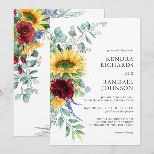 Rustikale Sonnenblumen und Rose Blumenzehen Einladung (Vorne/Hinten)