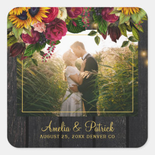 Rustikale Sonnenblumen und Rose Hochzeitsholz aus  Quadratischer Aufkleber