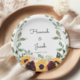 Rustikale Sonnenblumen und Rose Hochzeitspapier-Te Pappteller