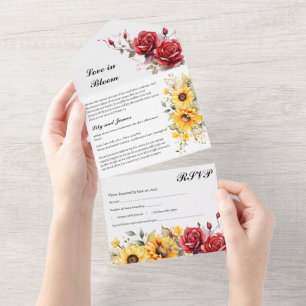 Rustikale Sonnenblumen und Rote Rose Hochzeit All In One Einladung