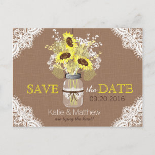 Rustikale Sonnenblumen und Spitzen Save the Date Ankündigungspostkarte