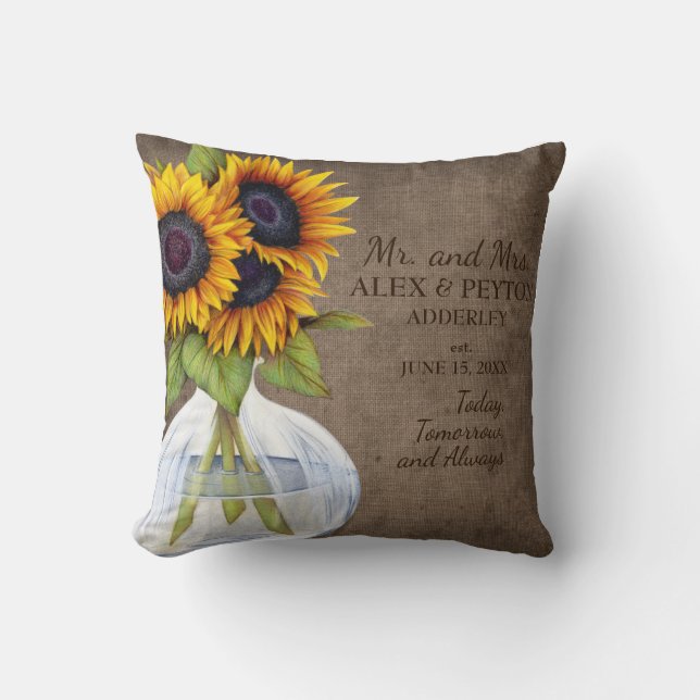 Rustikale Sonnenblumen Vase Burlap Hochzeit Datum Kissen (Vorderseite)