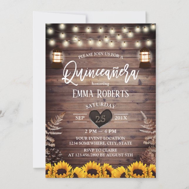 Rustikale Sonnenblumen Vintage Laternenquinceanera Einladung (Vorderseite)