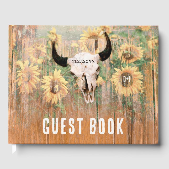 Rustikale Sonnenblumen Western Bloral Bull Skull Gästebuch (Vorderseite)