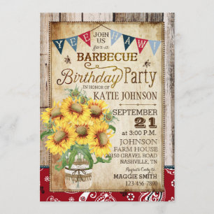 Rustikale Sonnenblumen Wood Bandanna Birthday Einladung