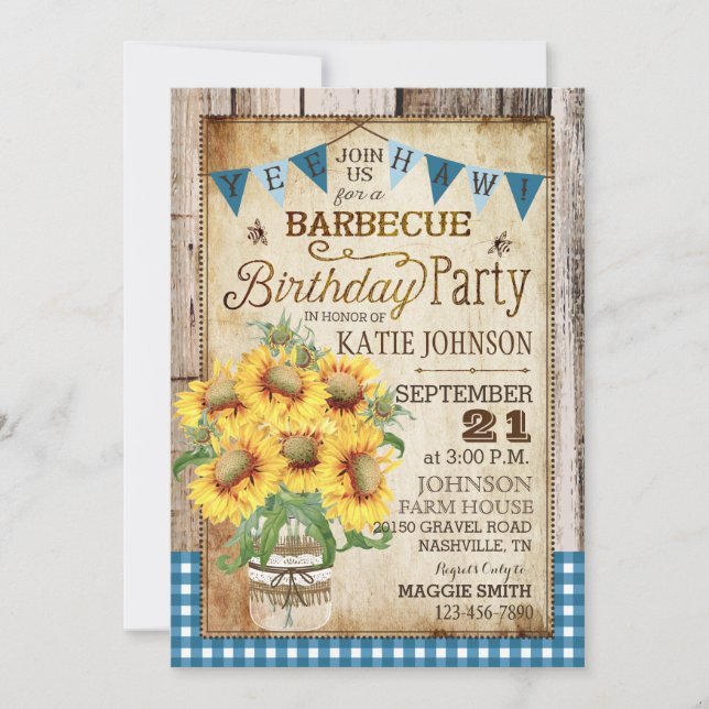 Rustikale Sonnenblumen Wood Gingham Karo Birthday Einladung (Vorderseite)
