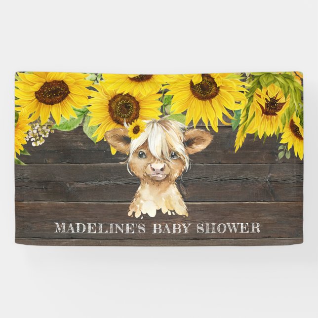 Rustikale Sonnenblumenblume Hochland Kuh Babydusch Banner (Horizontal)