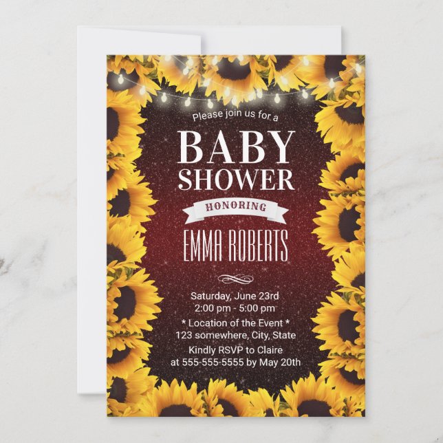 Rustikale Sonnenblumendusche Burgundy Red Baby Dus Einladung (Vorderseite)