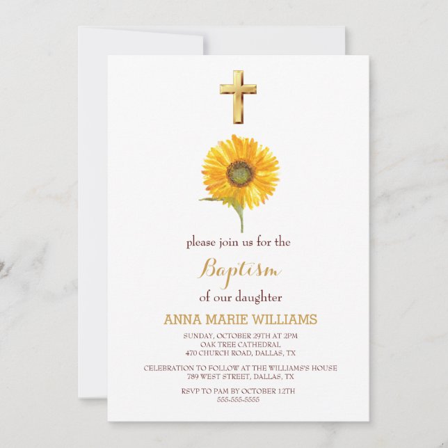 Rustikale Sonnenblumengrün Gold Cross Taufe Einladung (Vorderseite)