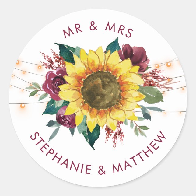 Rustikale Sonnenblumenleuchten Hochzeit Mr. & Mrs. Runder Aufkleber (Vorderseite)