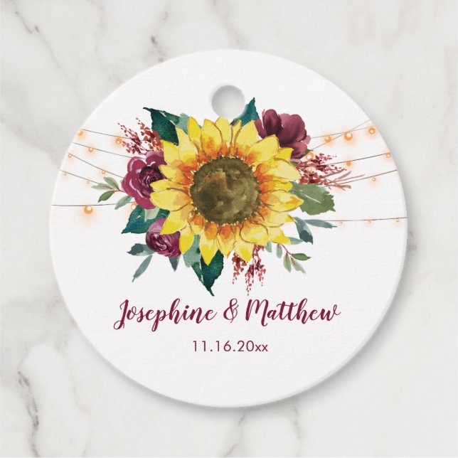 Rustikale Sonnenblumenlichter Hochzeit Geschenkanhänger (Vorderseite)
