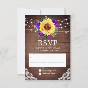 Rustikale Sonnenblumenspitze Lila Rose Hochzeit im RSVP Karte