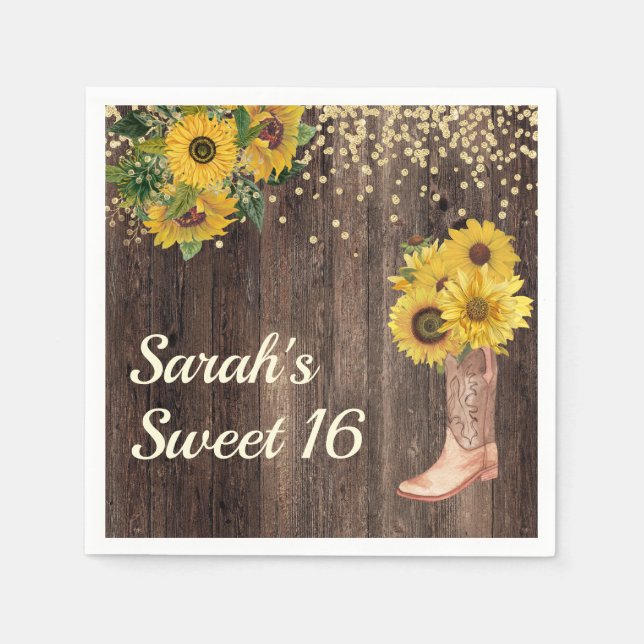 Rustikale Sonnenblumenstiefel Glitzer Sweet 16 Bir Serviette (Vorderseite)