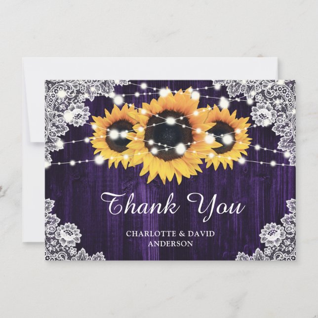 Rustikale Sonnenblumenzunge Lila Hochzeit Dankeskarte (Vorderseite)