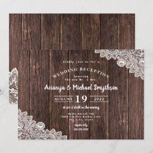 Rustikale Spitze und dunkle Holz Hochzeitsempfang  Einladung