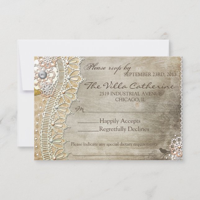 Rustikale Spitzen bedrückte Hochzeitsempfang UAWG RSVP Karte (Vorderseite)