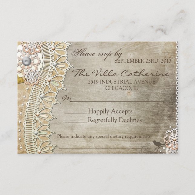 Rustikale Spitzen bedrückte Hochzeitsempfang UAWG RSVP Karte (Vorderseite)