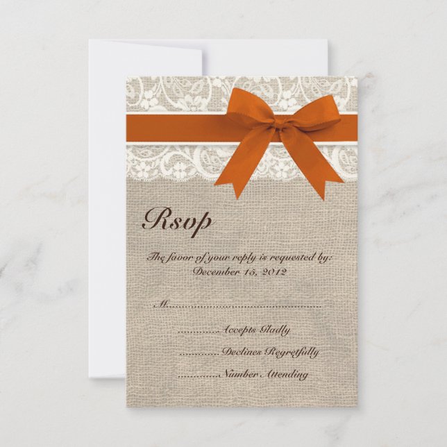 Rustikale Spitzen Burlap Look RSVP Karte Burnt Ora (Vorderseite)