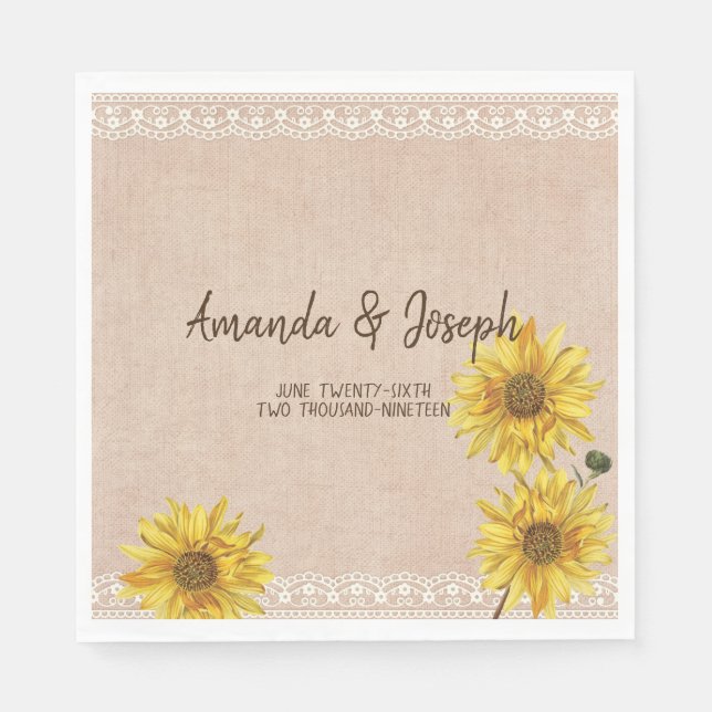 Rustikale Spitzen & Burlap Sonnenblumen Hochzeiten Serviette (Vorderseite)