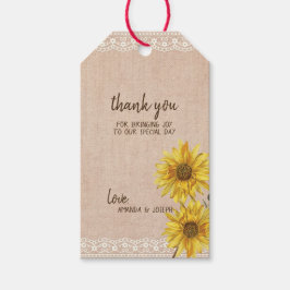 Rustikale Spitzen- & Burlap Sonnenblumen Hochzeits Geschenkanhänger