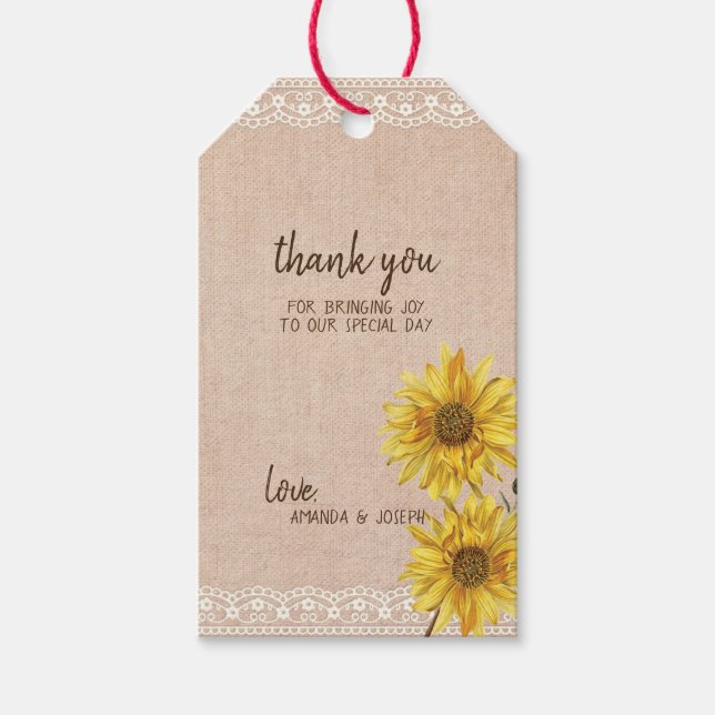 Rustikale Spitzen- & Burlap Sonnenblumen Hochzeits Geschenkanhänger (Vorderseite)