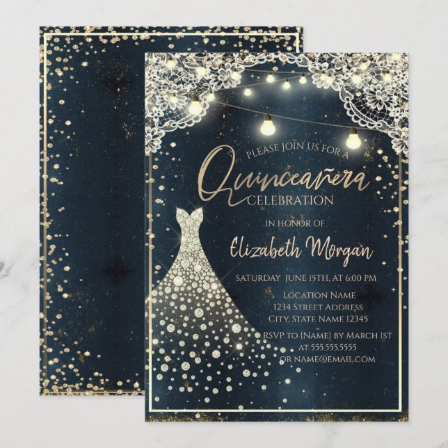 Rustikale Spitzen, Lichter, Diamanten Kleid Blue Q Einladung (Vorne/Hinten)