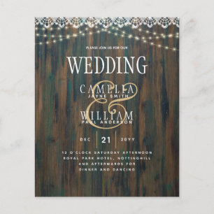 Rustikale Spitzen Lichter Holz aussehen Hochzeit Flyer