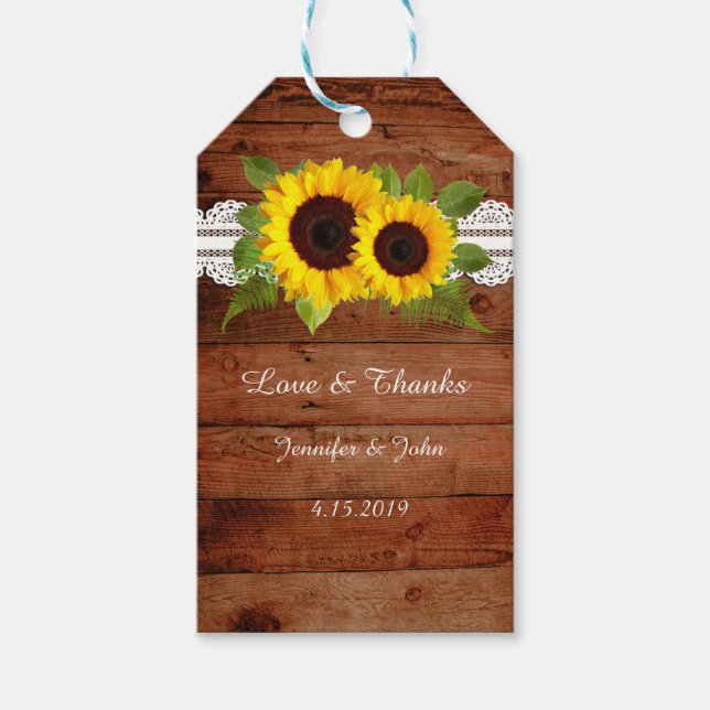 Rustikale Spitzen Sonnenblumen Gastgeschenk Hochze Geschenkanhänger (Vorderseite)