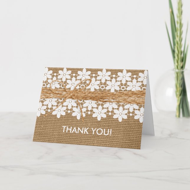 Rustikale Spitzen und Burlap Wedding Dankeschön Ka Dankeskarte (Vorderseite)