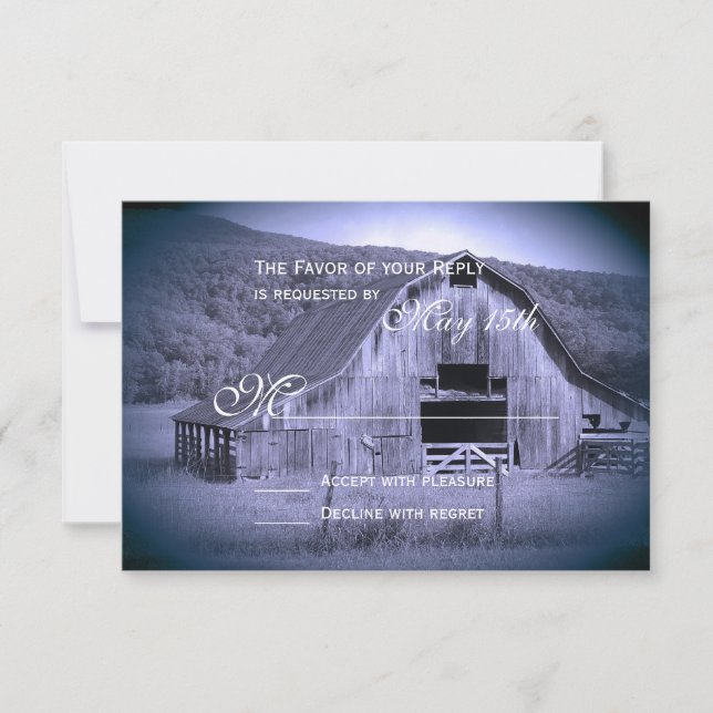 Rustikale Stallhochzeit mit RSVP-Karte blau bekomm RSVP Karte (Vorderseite)