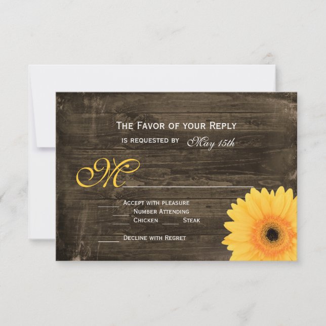 Rustikale Stallholz-Gelb-Daisy-Hochzeitskarten RSVP Karte (Vorderseite)