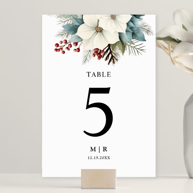 Rustikale staubblaue Blumen-Winterhochzeit Tischnummer (Von Creator hochgeladen)