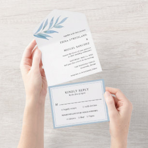 Rustikale Staubblaue Botanische Elegante Hochzeit All In One Einladung