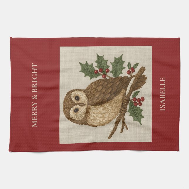 Rustikale Stickerei Weihnachtsschale mit Holly Geschirrtuch (Horizontal)