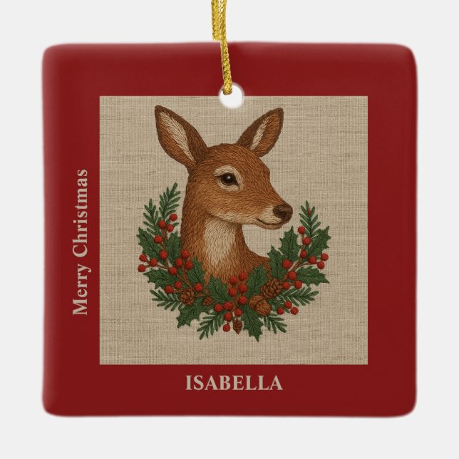 Rustikale Stickereien Grüntöne Weihnachten Keramikornament (Vorderseite)