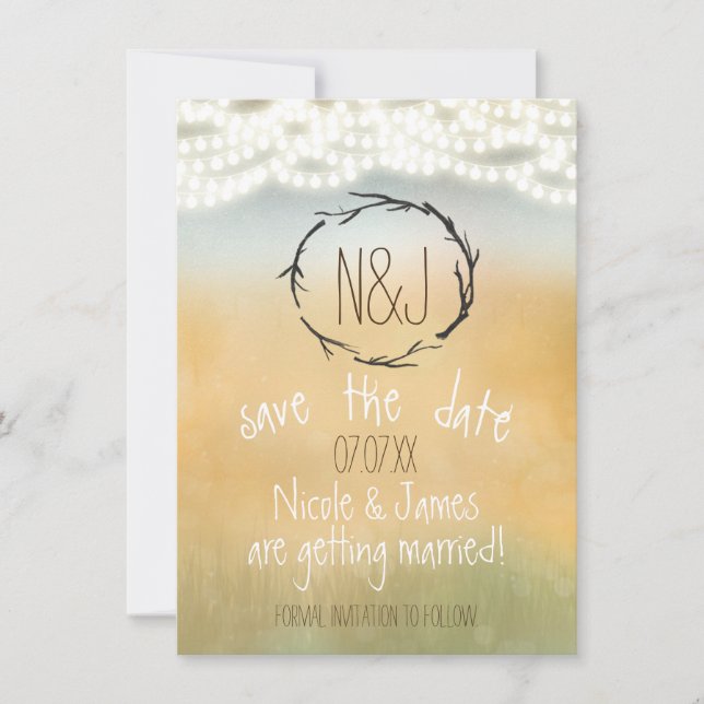 Rustikale Sticks, Wraath & String Lights Save the  Einladung (Vorderseite)