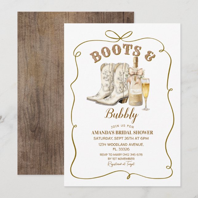 Rustikale Stiefel und bubbly Brautparty Einladung (Vorne/Hinten)